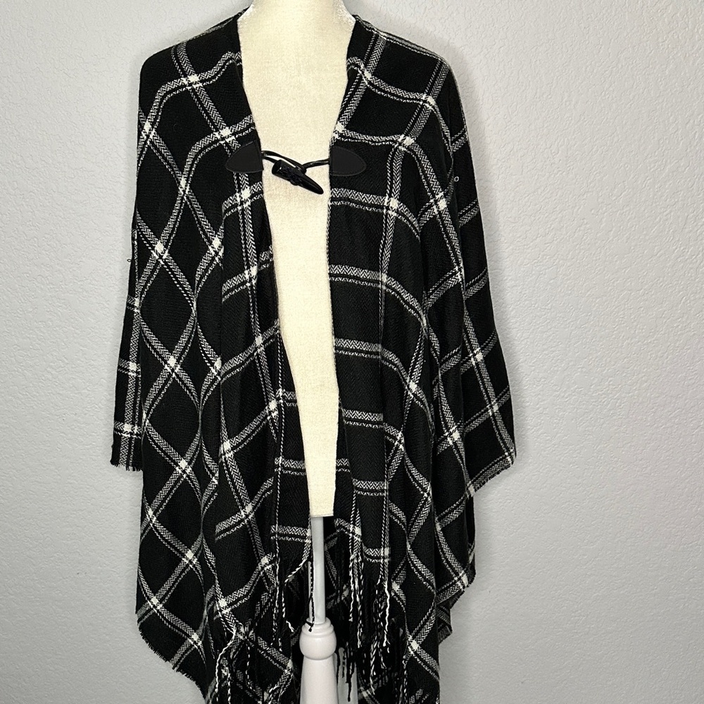 Chaps Black and White Checkered Window Pane Fringed Poncho OSFM
